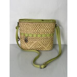 Brighton Woven Wicker Straw Rattan Tote Bag, Green Leather. Charms